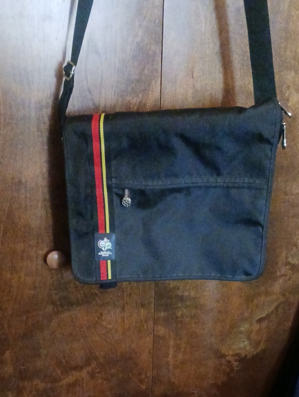 Black Messenger Bag with Red & Yellow Accent Stripe - Casual Crossbody